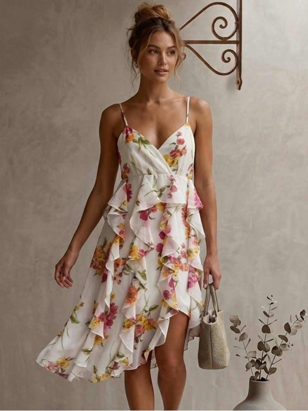 Floral Ruffle Spaghetti-Strap Dress - White with Pink & Yellow Flowers